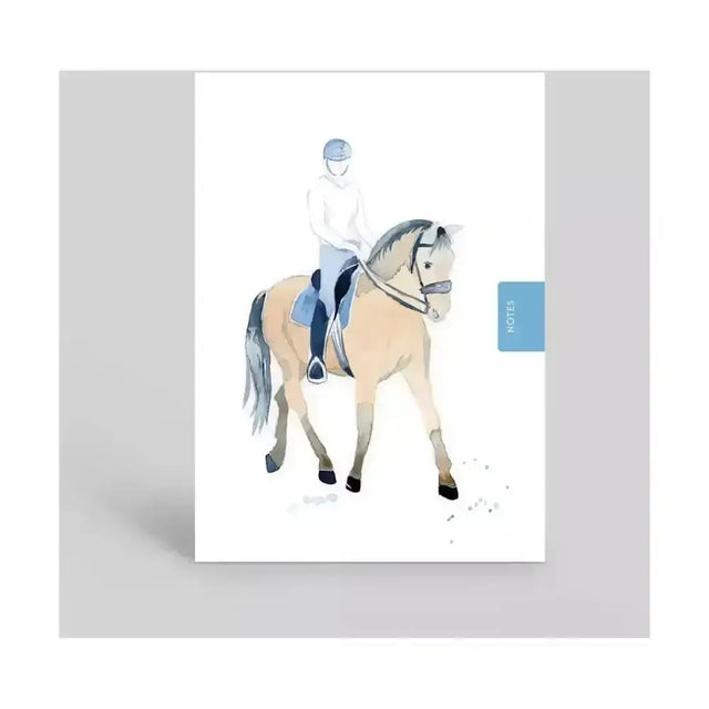 White deckled edge notebook working horse with watercolor rider on light brown horse and blue notes tab handy a6 pocket