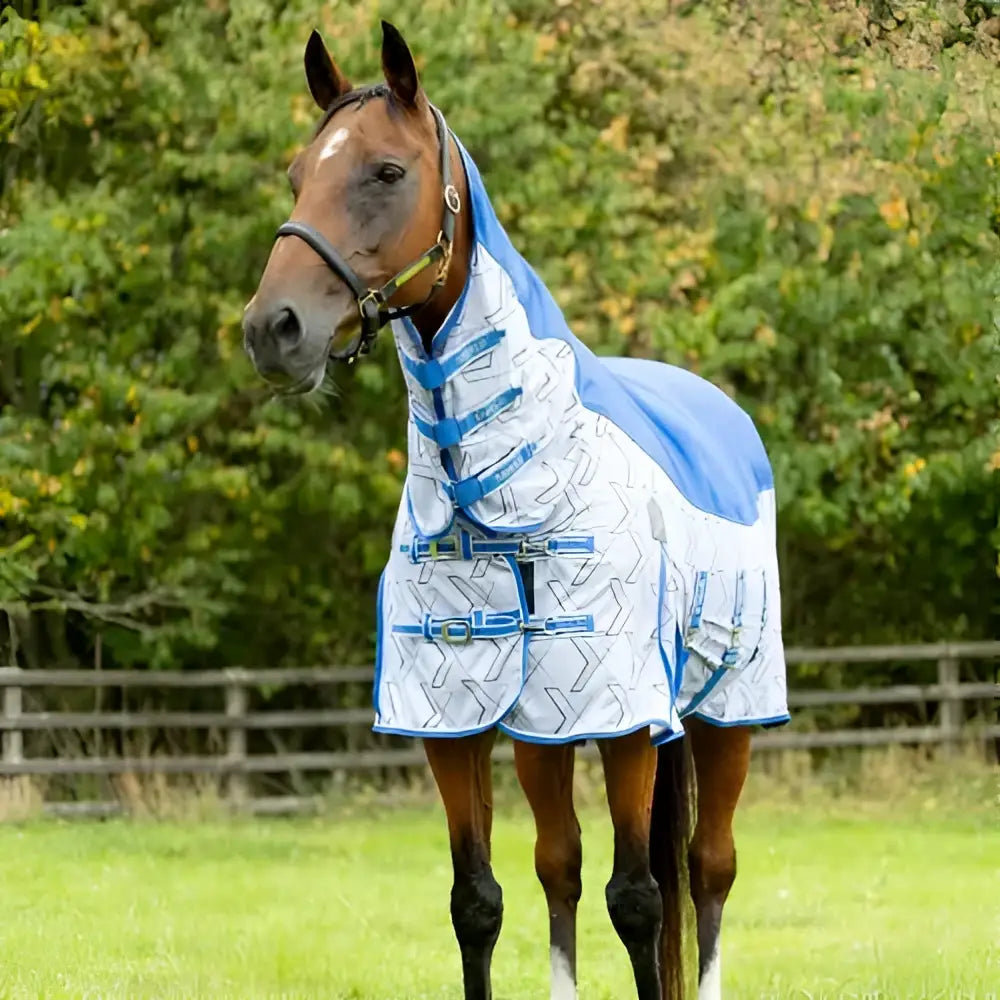 Defencex shield quagga blue and white patterned waterproof fly rug with shielding patterned micromesh and deep shoulder gussets