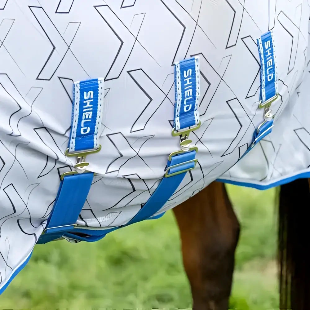 White horse blanket defencex shield quagga with blue geometric pattern shielding patterned micromesh and deep shoulder gussets