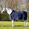Navy blue defencex shield royal elite fleece rug with white stitching and subtle logo on the chest for horses