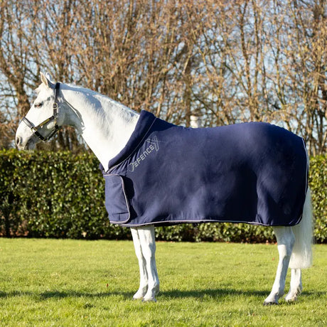 Navy blue defencex shield royal elite fleece rug horse blanket with white stitching and subtle chest logo
