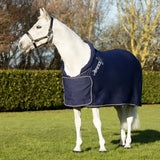 Navy blue defencex shield royal elite fleece rug horse blanket with front pocket and white stitching