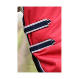 Red horse turnout rug with navy blue straps white stitching made from durable denier material with detachable neck cover