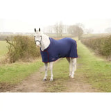 White horse wearing a navy blue defencex system deluxe fleece rug with red trim and black buckles on a grassy path