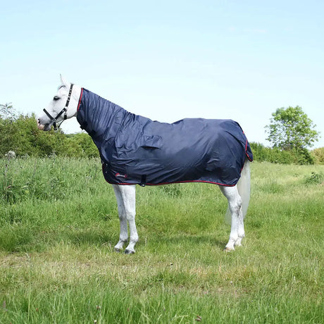 Navy blue waterproof horse blanket with red trim and logo designed for ever-changeable weather rainx protect rug