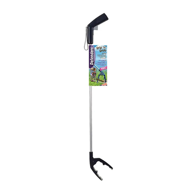 Black plastic grip and claw grab picker with silver metal shaft and defenders grip branding for precision pick use