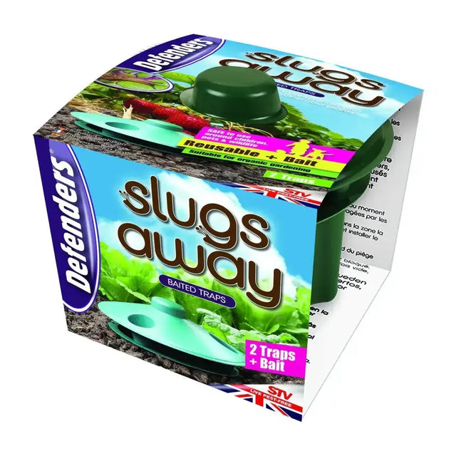 Defenders slugs away baited trap features two green and teal plastic safe traps with trap bait to catch slugs easily