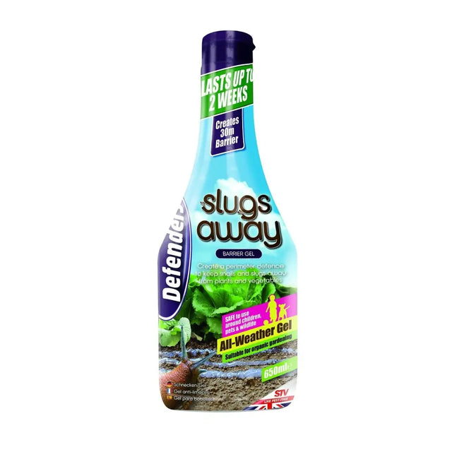 Defenders slugs away all-weather barrier gel in 65ml blue bottle with purple cap helps prevent snail damage
