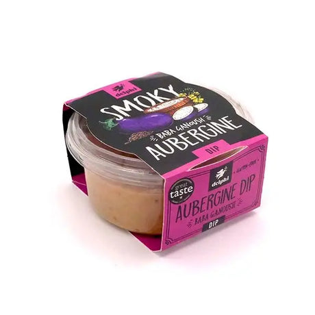 Delphi aubergine dip in smoky flavor packaged in pink and black clear plastic container for easy use