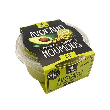 Green delphi houmous avocado dip in clear plastic container with black and yellow label perfect for equestrian snacks