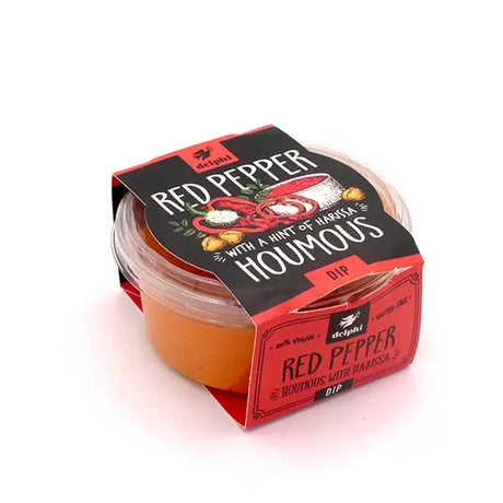Delphi chargrilled red pepper houmous dip in clear plastic container with black and red branded label perfect for delphi houmous fans
