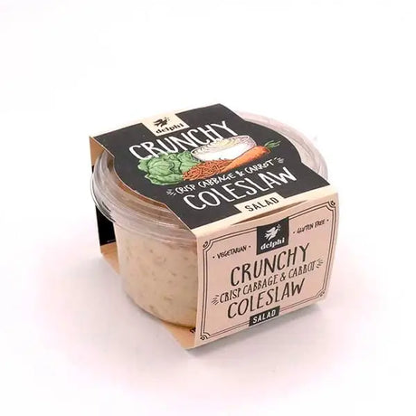 Delphi coleslaw crunchy salad in clear plastic container with black and beige label perfect for equestrian snacks