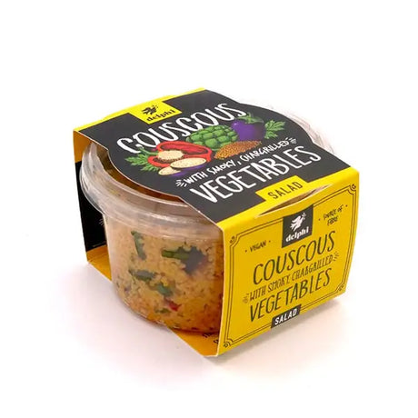 Yellow and black packaged delphi couscous salad with chargrilled veg 160g in a clear plastic container
