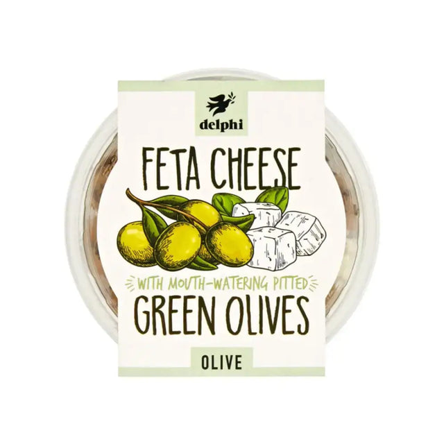 Delphi green olives with feta cheese container with white label showing green olives and cubed cheese sealed in plastic