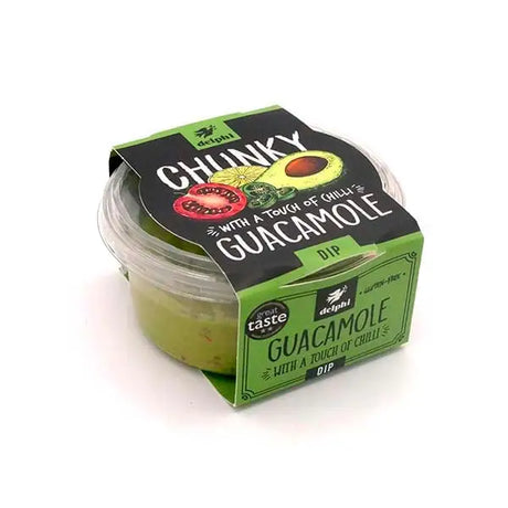 Delphi guacamole dip in clear plastic container with green chunky texture and black green label for equestrian snacks