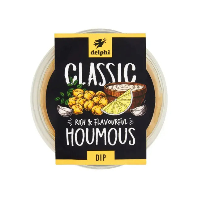 Delphi houmous classic dip in 283g clear plastic container with black and yellow label featuring chickpeas lemon garlic