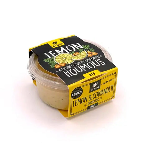 Yellow and black packaged delphi lemon coriander houmous dip 170g in a clear plastic container