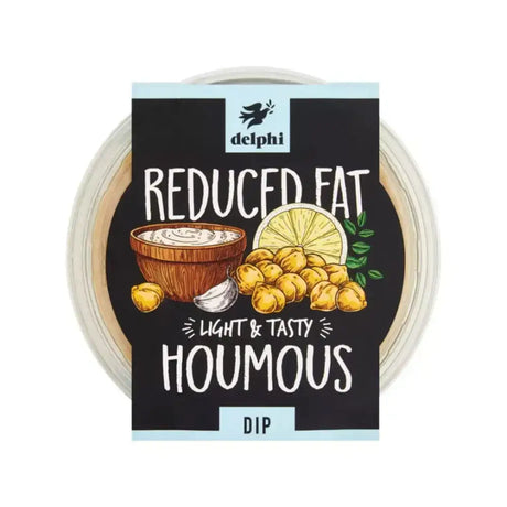 Delphi low fat houmous in a clear plastic container with black and blue label featuring chickpeas lemon and garlic illustrations healthy dip
