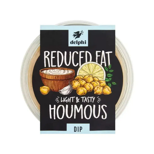 Delphi low fat houmous dip in a clear plastic container with black blue label showing chickpeas lemon garlic illustration