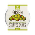 Delphi stuffed green olives in a round tin container with illustrated label perfect for snacking and cooking