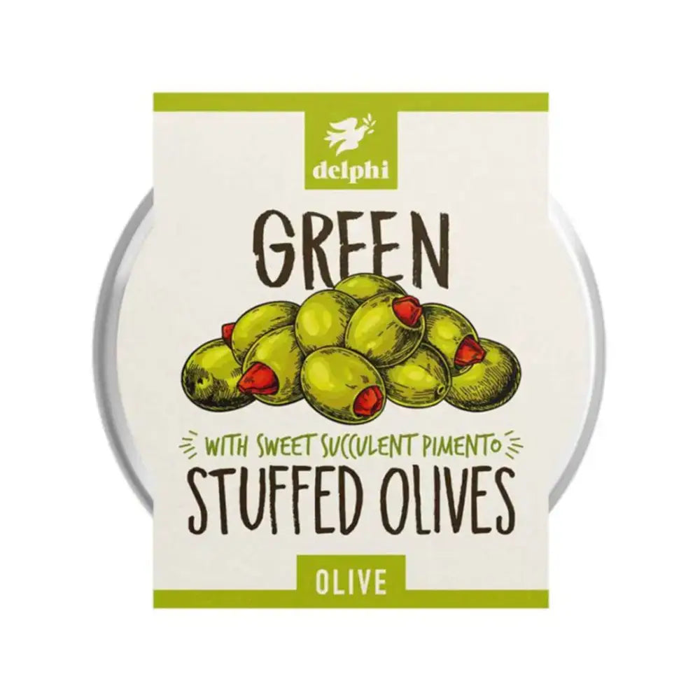 Delphi stuffed green olives in a round tin container with illustrated label perfect for snacking and cooking