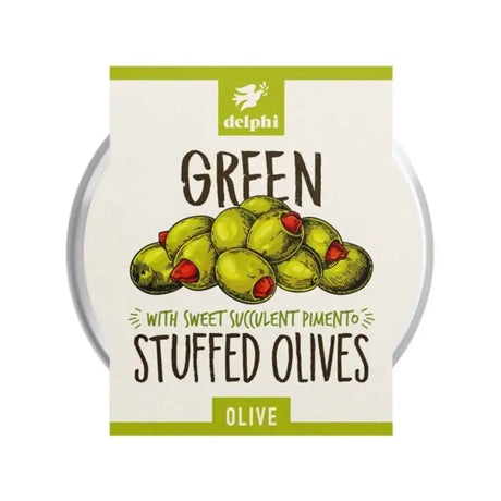Delphi stuffed green olives in a 160g round tin with illustrated label perfect for snacking or cooking