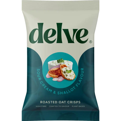 A white and teal package of delve sour cream shallot flavour roasted oat crisps perfect for snacking