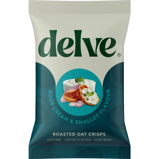 A white and teal package of delve sour cream shallot flavour roasted oat crisps perfect for snacking