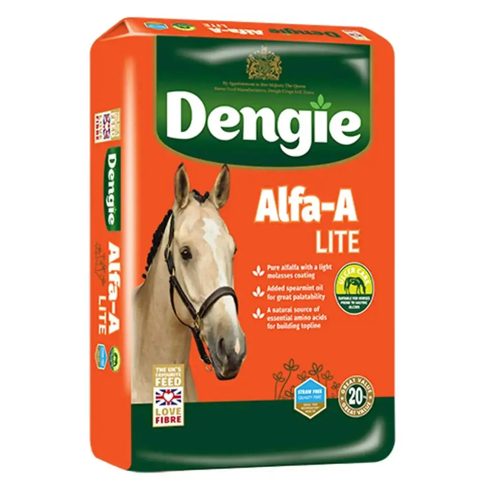 Orange and green dengie alfa a lite horse feed bag with light molasses coating and added spearmint oil showing white horse
