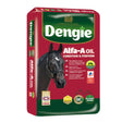 Red and green bag of dengie alfa a oil alfalfa fibre feed featuring a black horse with white markings fuelling hard work