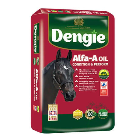 Red and green bag of dengie alfa a oil alfalfa fibre feed featuring a black horse with white markings fuelling hard work