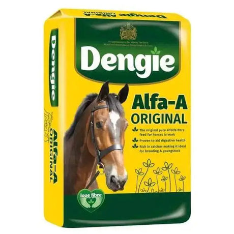 Yellow and green bag of dengie alfa a original pure alfalfa fibre feed with a brown horse and white blaze on label