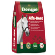 Red and green dengie alfa beet horse feed bag with white horse image trusted by laminitis trust
