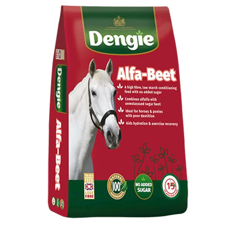 Red and green dengie alfa beet horse feed bag with white horse image trusted by laminitis trust