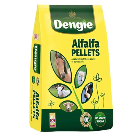 Yellow and green bag of dengie alfalfa pellets a high-fibre source of pure alfalfa for horses goats sheep and cows