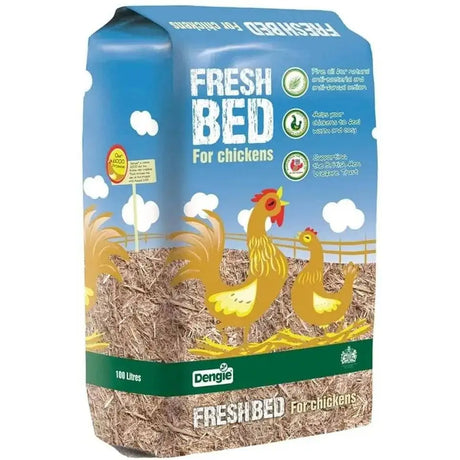 Blue and green packaged dengie fresh bed 100 litre chicken bedding with yellow chickens on straw farm scene promoting british hen welfare trust
