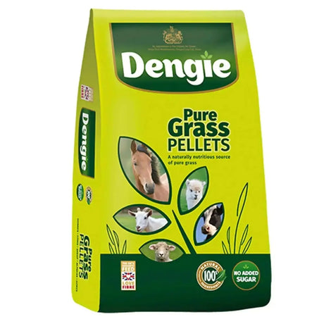 Bright green bag of dengie grass pellets pure fibre pellet for soaking and feeding horses and livestock naturally nutritious
