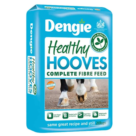 Bright blue dengie healthy hooves bag combining essential nutrients high-fibre feed for horses hooves care