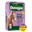 Purple and green bag of dengie healthy hooves molasses free horse feed promoting healthier joints with a brown horse on it
