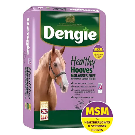Purple and green bag of dengie healthy hooves molasses free horse feed promoting healthier joints with a brown horse on it