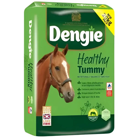 Green bag of dengie healthy tummy 20kg high-calorie fibre feed to promote gut health with brown horse image