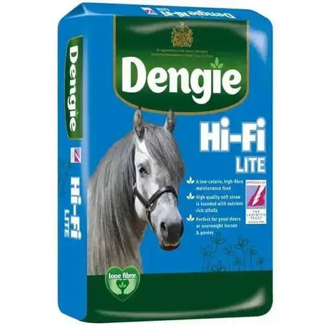 Blue and green dengie hi-fi lite bag featuring a gray and white horse portrait for high-fibre maintenance feed for leisure horses