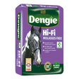 Purple and green bag of dengie hi fi molasses free ideal fibre feed for leisure horses with black and white horse image