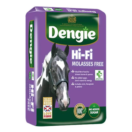 Purple and green bag of dengie hi fi molasses free ideal fibre feed for leisure horses with black and white horse image