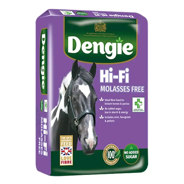 Purple and green bag of dengie hi fi molasses free ideal fibre feed for leisure horses with black and white horse image