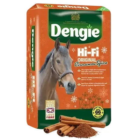 Orange and green dengie hi fi original cinnamon spice horse feed package with brown horse illustration and tasty winter treat