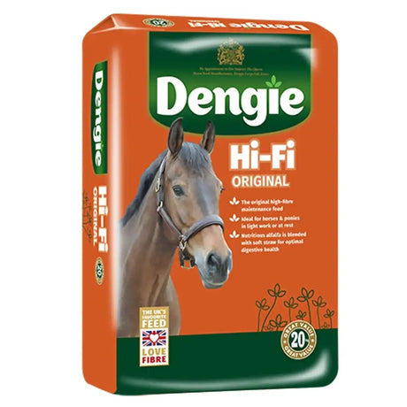Orange and green package of dengie hi-fi original high-fibre maintenance feed for horses to encourage browsing behavior