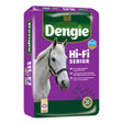 Purple and green dengie hi fi senior horse feed package with white horse image featuring highly digestible fibre hay replacer