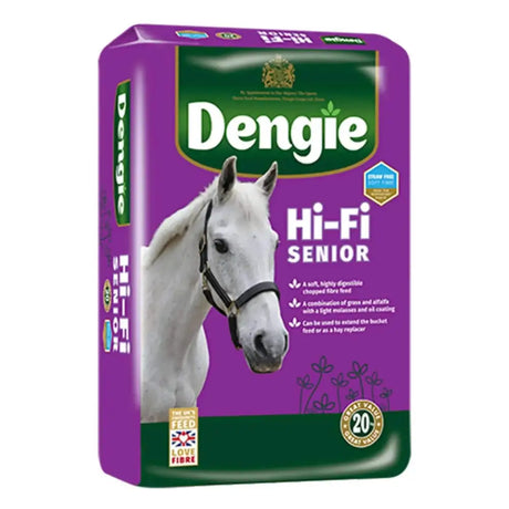 Purple and green dengie hi fi senior horse feed package with white horse image promoting highly digestible fibre hay replacer