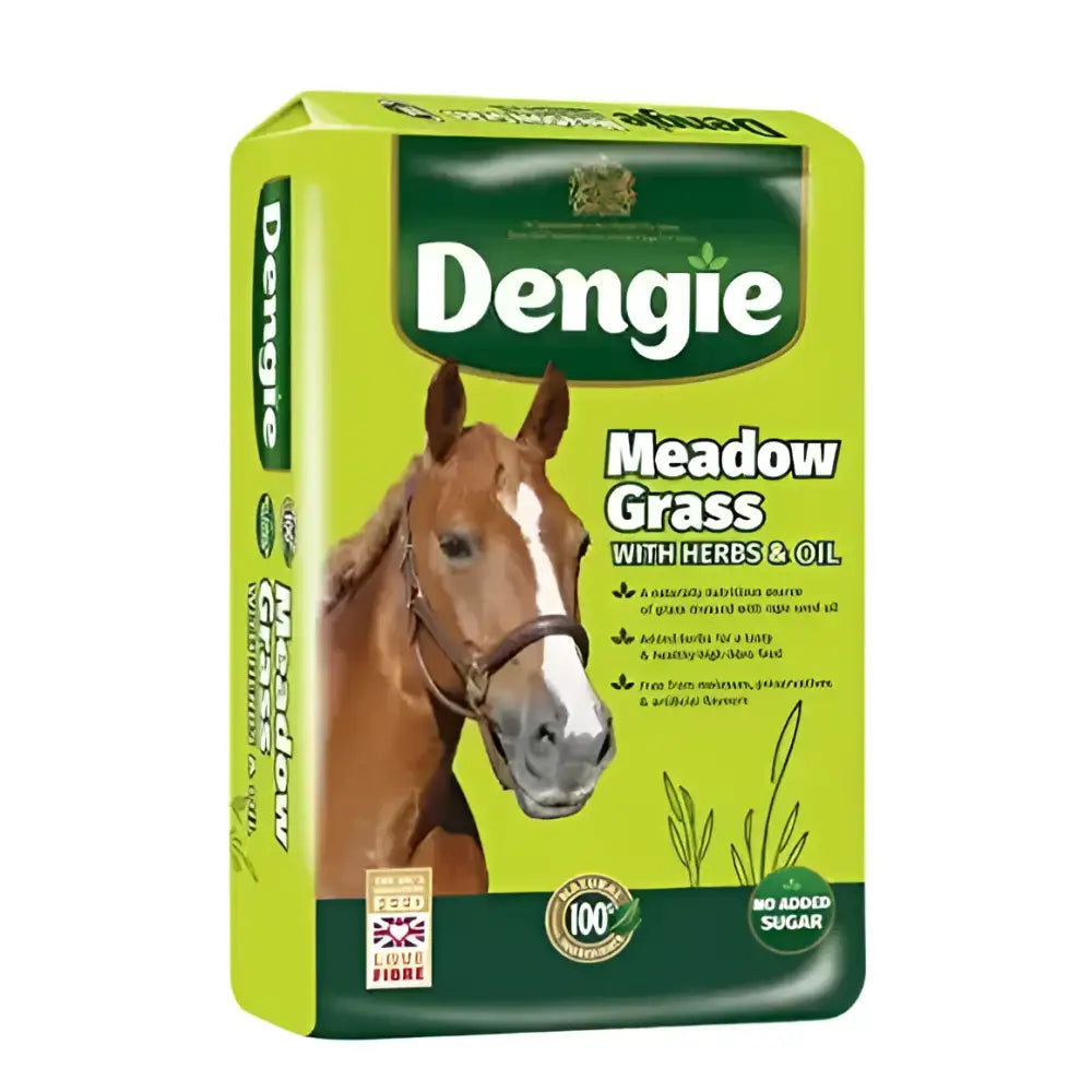 Green and brown package of dengie meadow grass pelleted meadow grasses with herbs and rapeseed oil coating horse feed